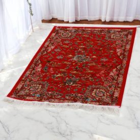 Svilena preproga Lov 60x90 cm – bordo viskozna iranska preproga z lovskim motivom