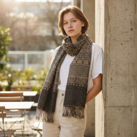   Eleganten moški in ženski šal 215x105 sivo-črn z avtentičnim vzorcem