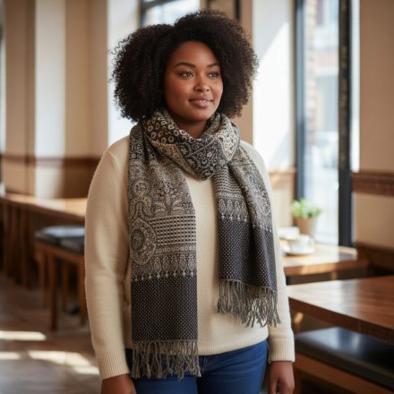 Eleganten moški in ženski šal 215x105 sivo-črn bombažni šal