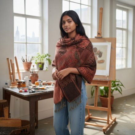 Šal z orientalskim vzorcem 215x105 vijolično-rjavi bombažni šal