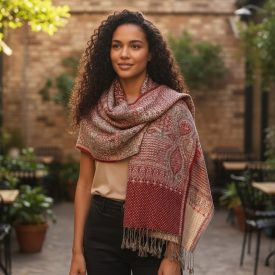 Šal sivo-bordo 215x105 eleganten ženska ruta iz bombaža