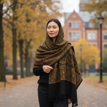 Šal črno-zlat 215x105 velik ženski šal iz bombaža