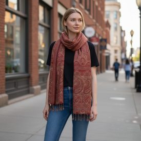 Šal rdeč 215x105 velik ženska ruta iz bombaža