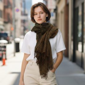   Eleganten ženski šal 215x105 temno zelen z avtentičnim vzorcem